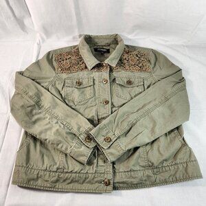 Coffee Shop Womens XL Jacket All Cotton Lace Shoulders Button Up Green FastShip